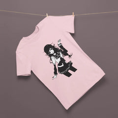 Pink sweatshirt with black graphic of a person hanging on a clothesline against a dark background