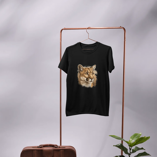 Black t-shirt with a lion graphic on a copper rack, next to a brown suitcase and potted plant.