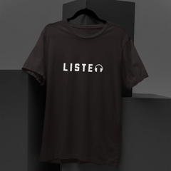 Black t-shirt with 'LISTEN' text on a dark background