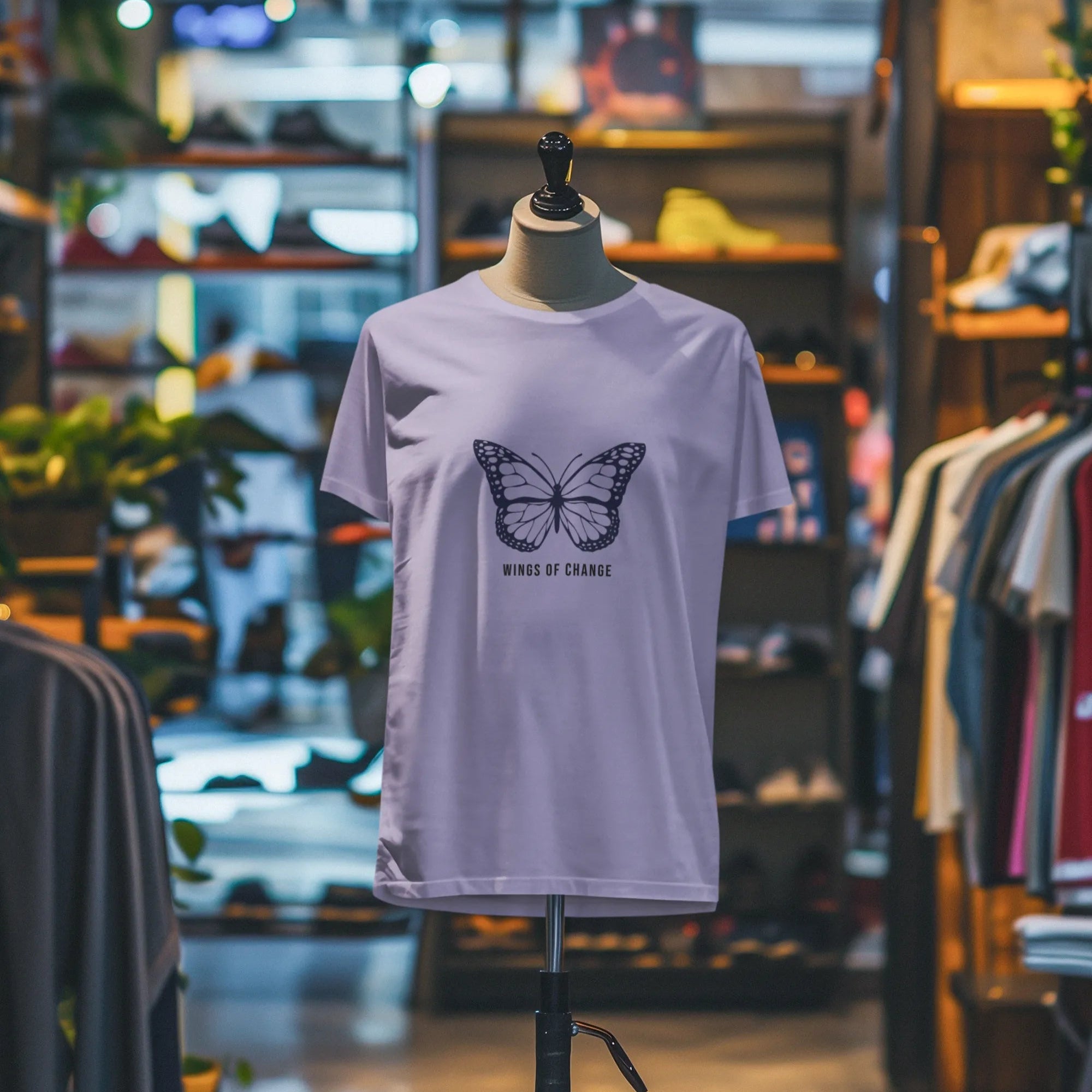 White t-shirt with a butterfly graphic on a mannequin in a store setting.