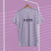 Gray t-shirt with 'FOOD' text on a hanger against a purple background