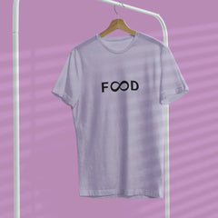 Gray t-shirt with 'FOOD' text on a hanger against a purple background