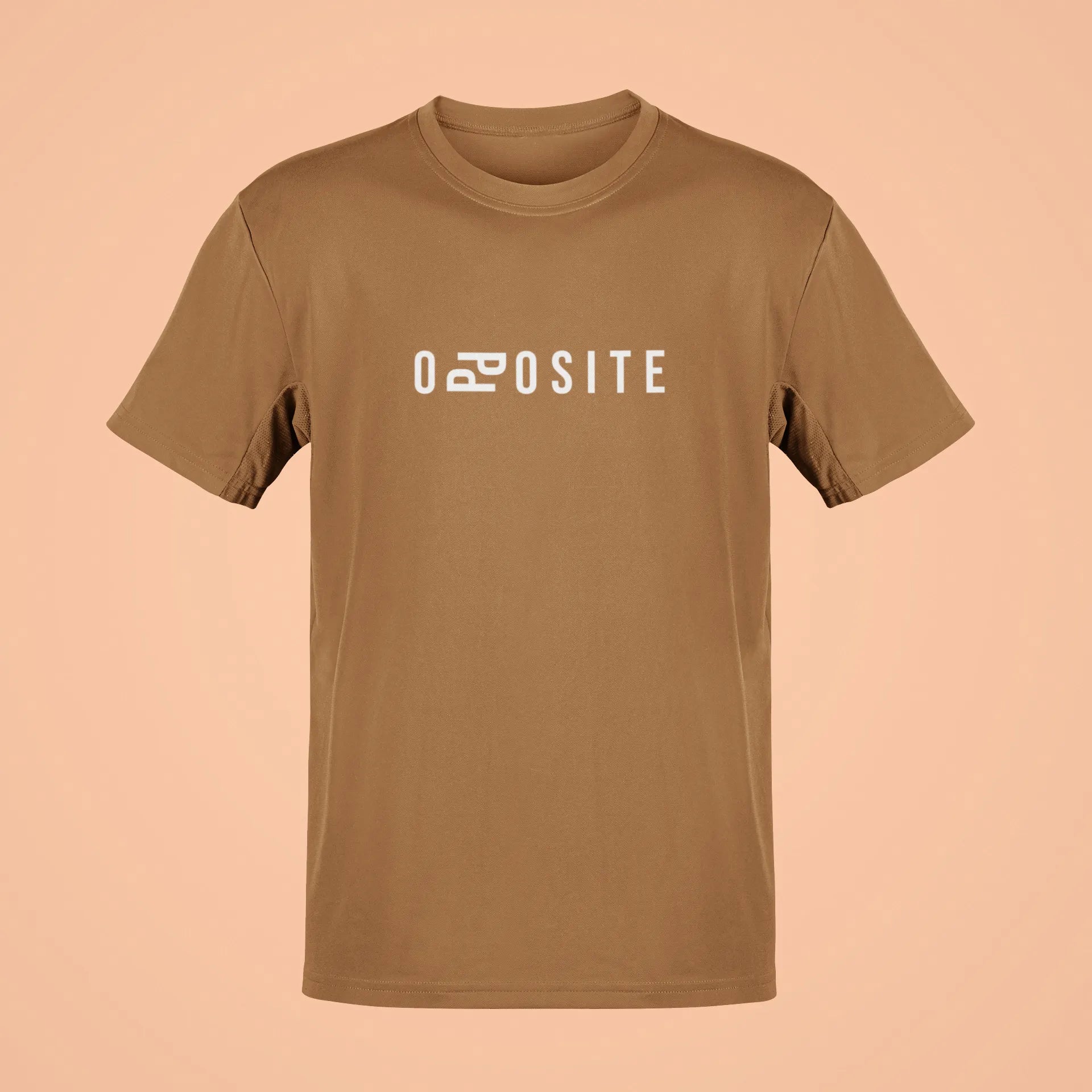 Brown t-shirt with 'DEPOSITE' printed on a beige background