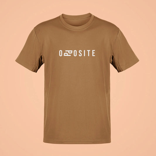 Brown t-shirt with 'DEPOSITE' printed on a beige background