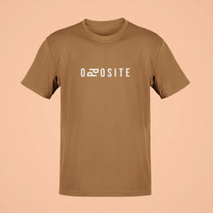 Brown t-shirt with 'DEPOSITE' printed on a beige background