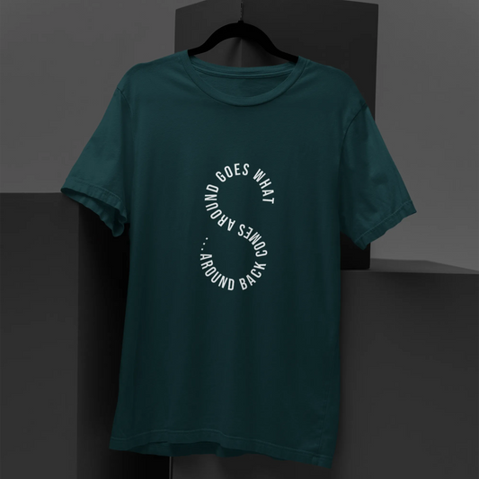 Teal t-shirt with white text on a dark gray background