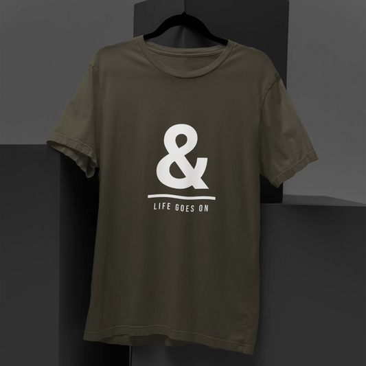 Green t-shirt with a white logo and text on a dark background