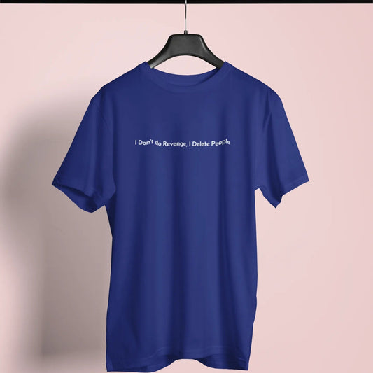 Blue t-shirt with text on a hanger against a pink background