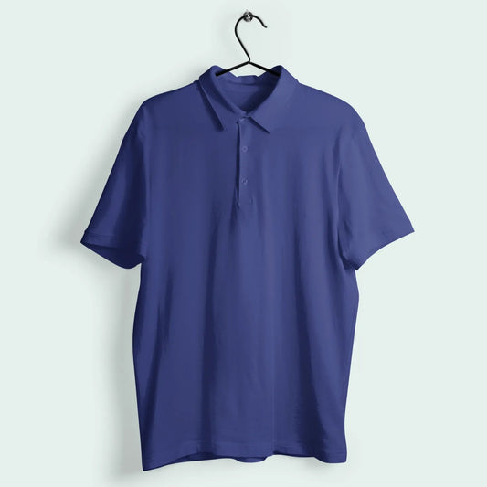 Blue polo shirt on a hanger against a light gray background