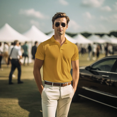 Man in a yellow polo shirt and white pants standing in front of tents and a car.