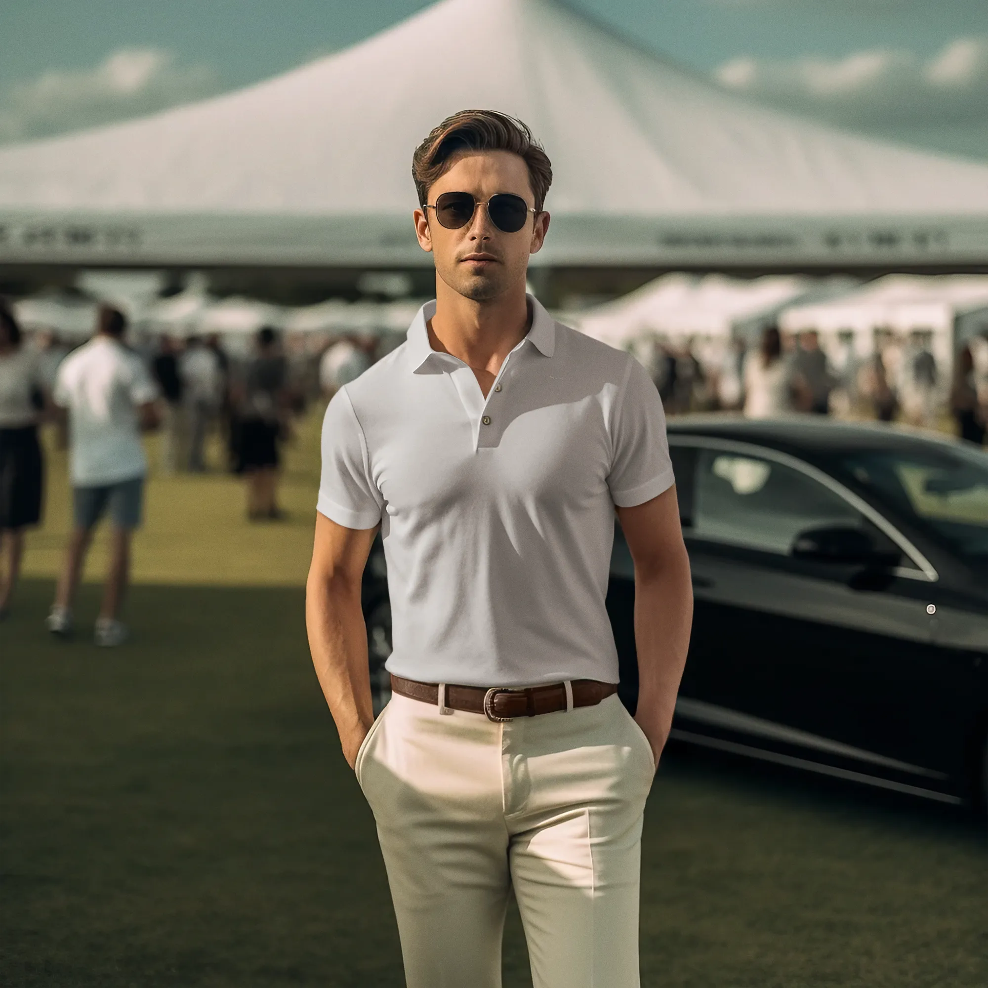 Man wearing sunglasses and a white polo shirt with beige pants standing in front of a car at an outdoor event.