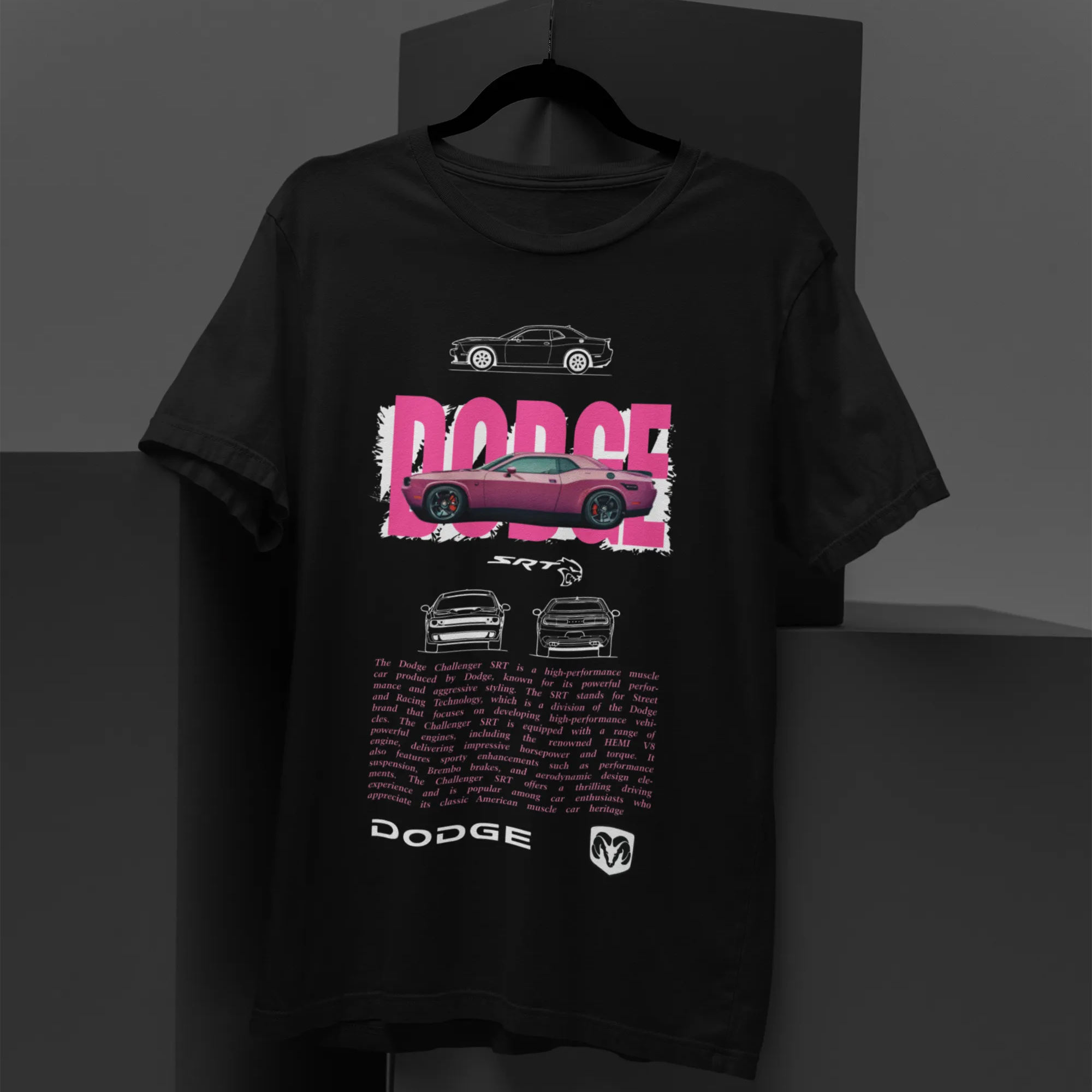 Black t-shirt with Dodge graphics on a dark background
