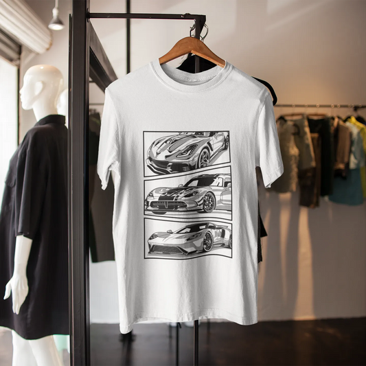 White t-shirt with car graphics on a mannequin in a store setting