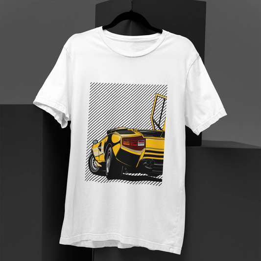 White t-shirt with a graphic of a yellow car on a black background