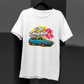 White t-shirt with a colorful graphic design on a black background