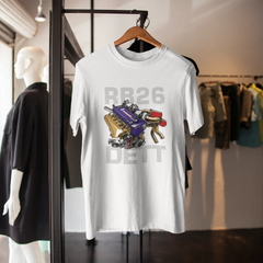 White t-shirt with engine graphic and text on a hanger in a store setting