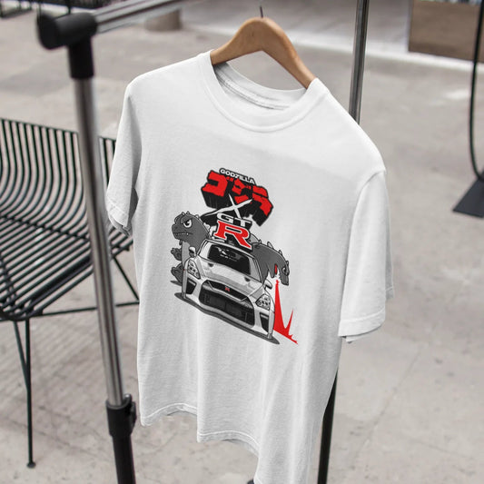 White t-shirt with car graphic design on a hanger