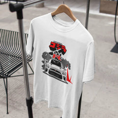 White t-shirt with car graphic design on a hanger
