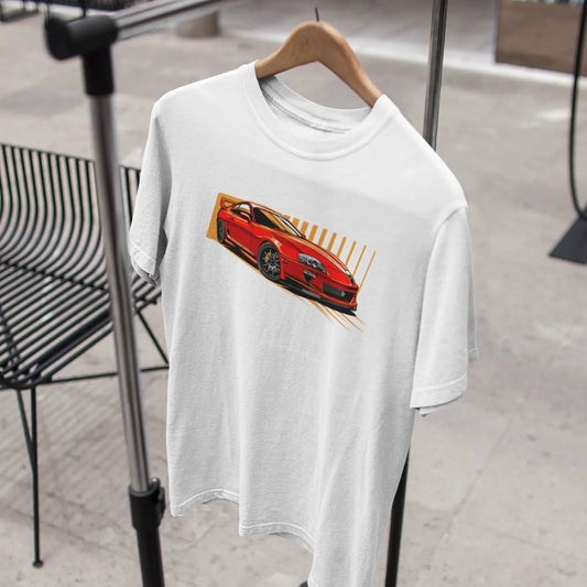 White t-shirt with a red car graphic on a hanger against a neutral background