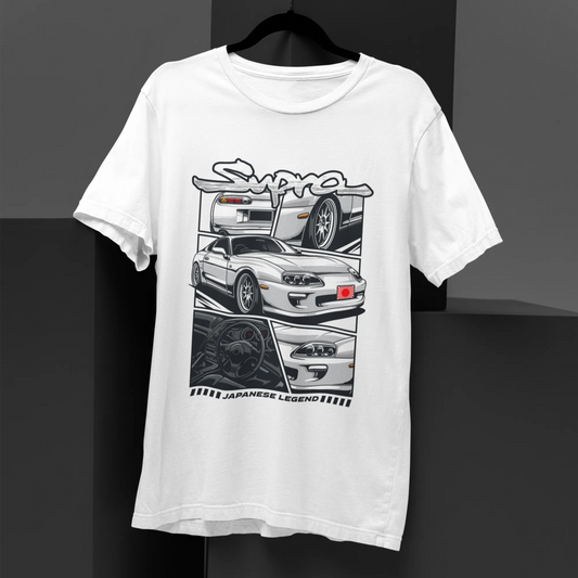White t-shirt with car graphic design on a black background