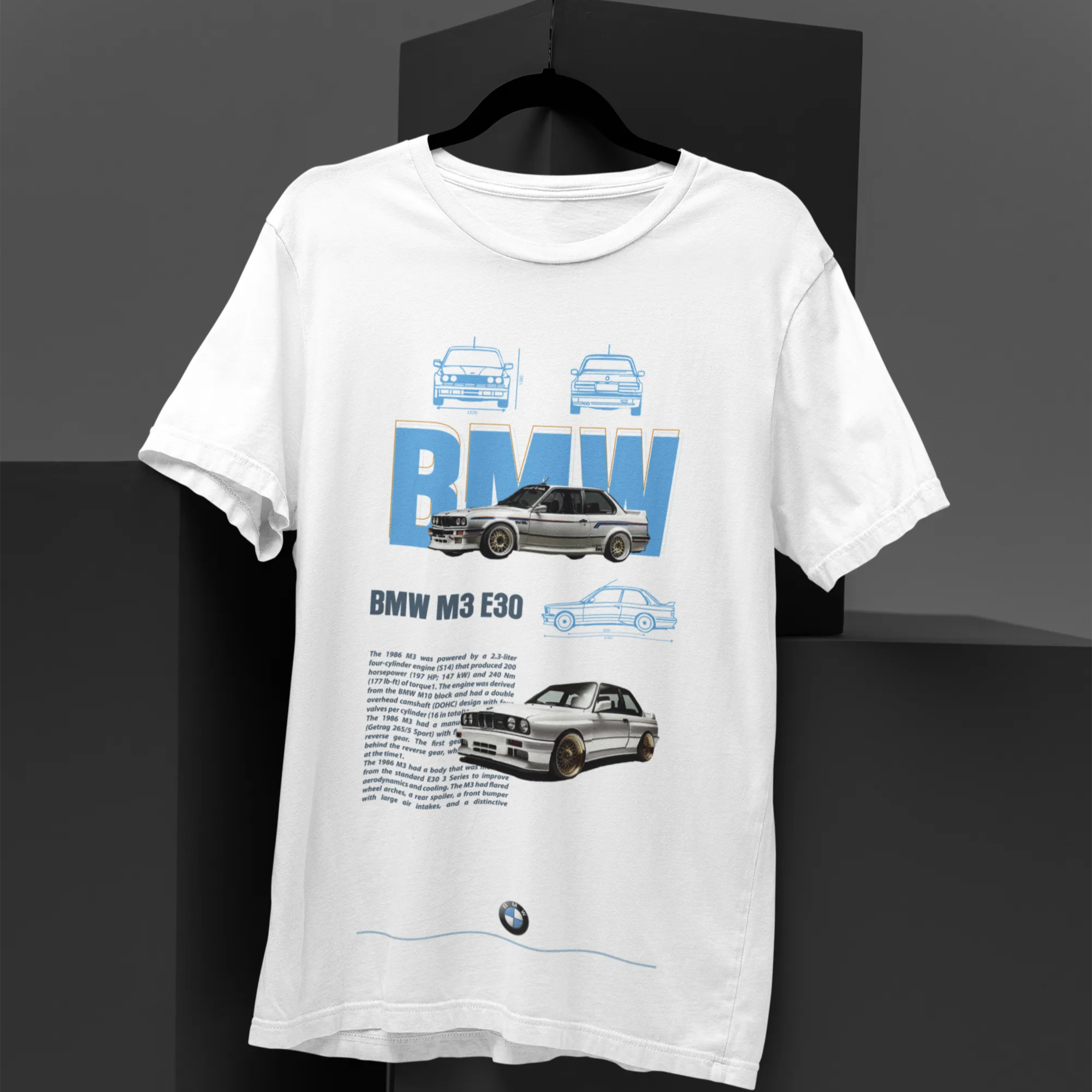 White t-shirt with BMW car graphics on a black background