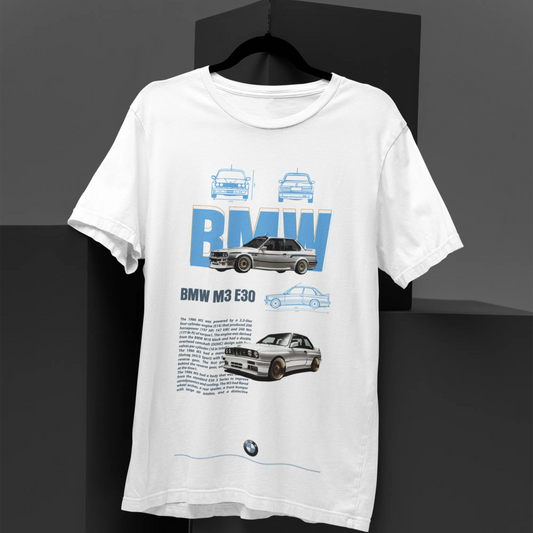 White t-shirt with BMW car graphics on a black background