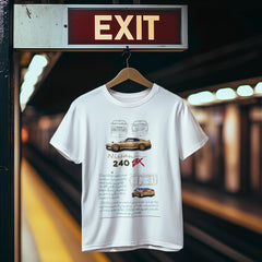 White t-shirt with car design hanging on a hanger under an exit sign.