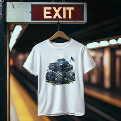 White t-shirt with a graphic design of a blue monster truck hanging on a hanger under an 'EXIT' sign.