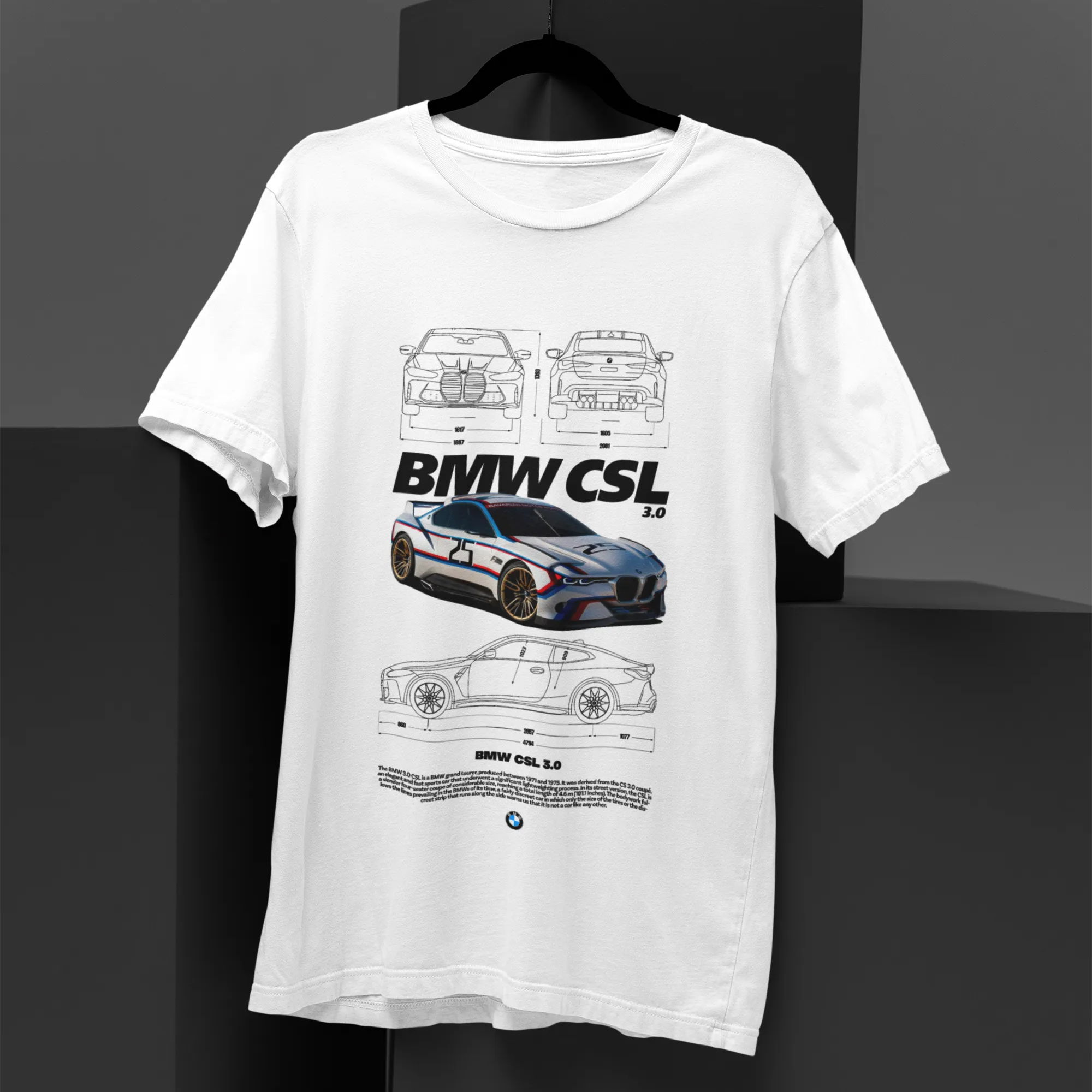 White t-shirt with BMW CSL design on a black background