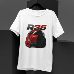 White t-shirt with a red and black car graphic and 'R35' text on a dark background