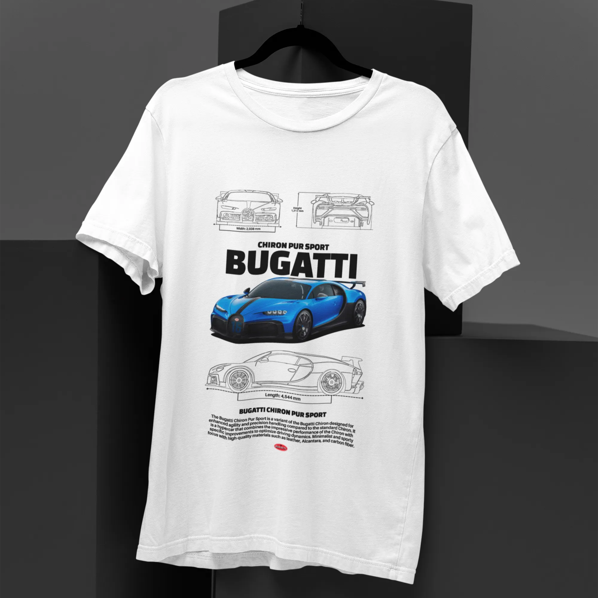 White t-shirt with Bugatti car design on a black background