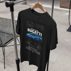 Black t-shirt with Bugatti car design on a hanger