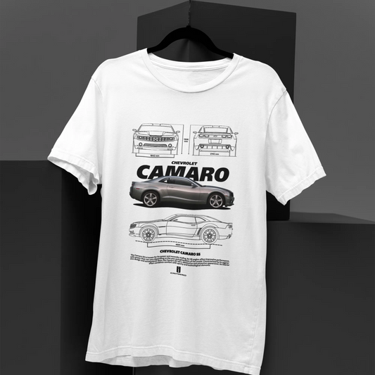 White t-shirt with black car illustrations and 'CAMARO' text on a dark background