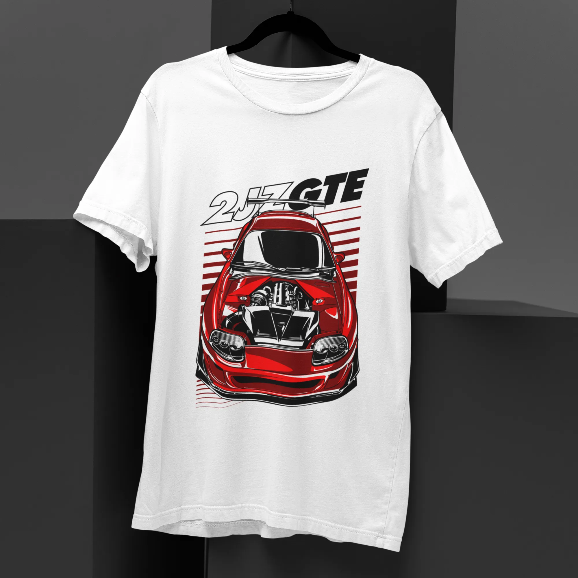 White t-shirt with a red car graphic and '2.5 GTE' text on a black background