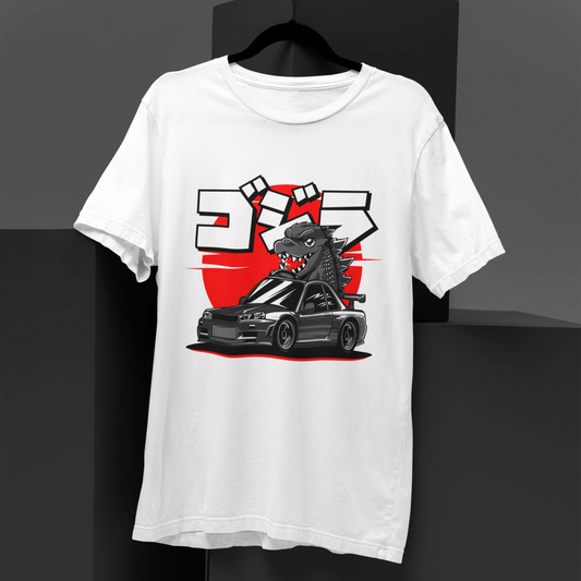 White t-shirt with a graphic design of a car and a character on a black background