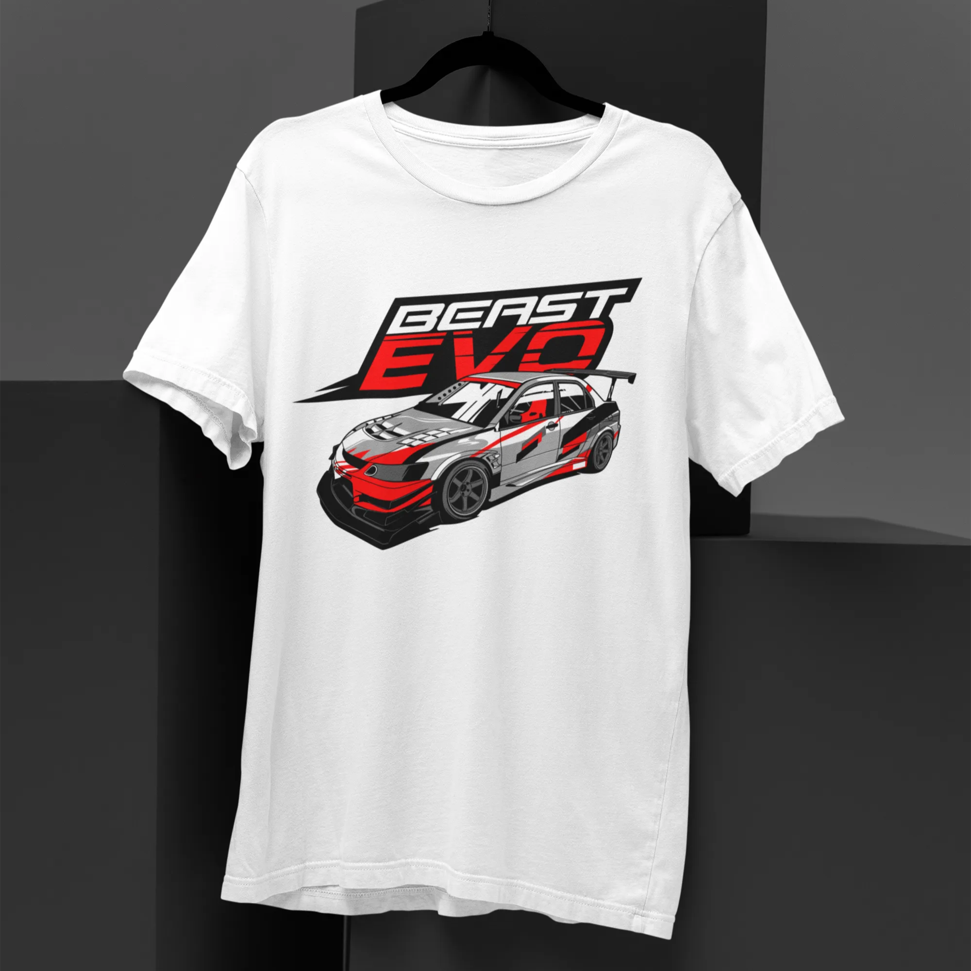 White t-shirt with a car graphic and 'Beast Evo' text on a black background