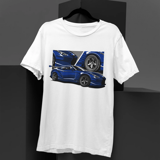 White t-shirt with a blue car graphic on a black background
