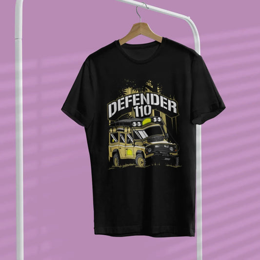 Black t-shirt with a graphic design of a vehicle and 'Defender 110' text on a hanger against a purple background
