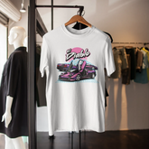 White t-shirt with car graphic and 'El Diablo' text on a hanger in a store setting.