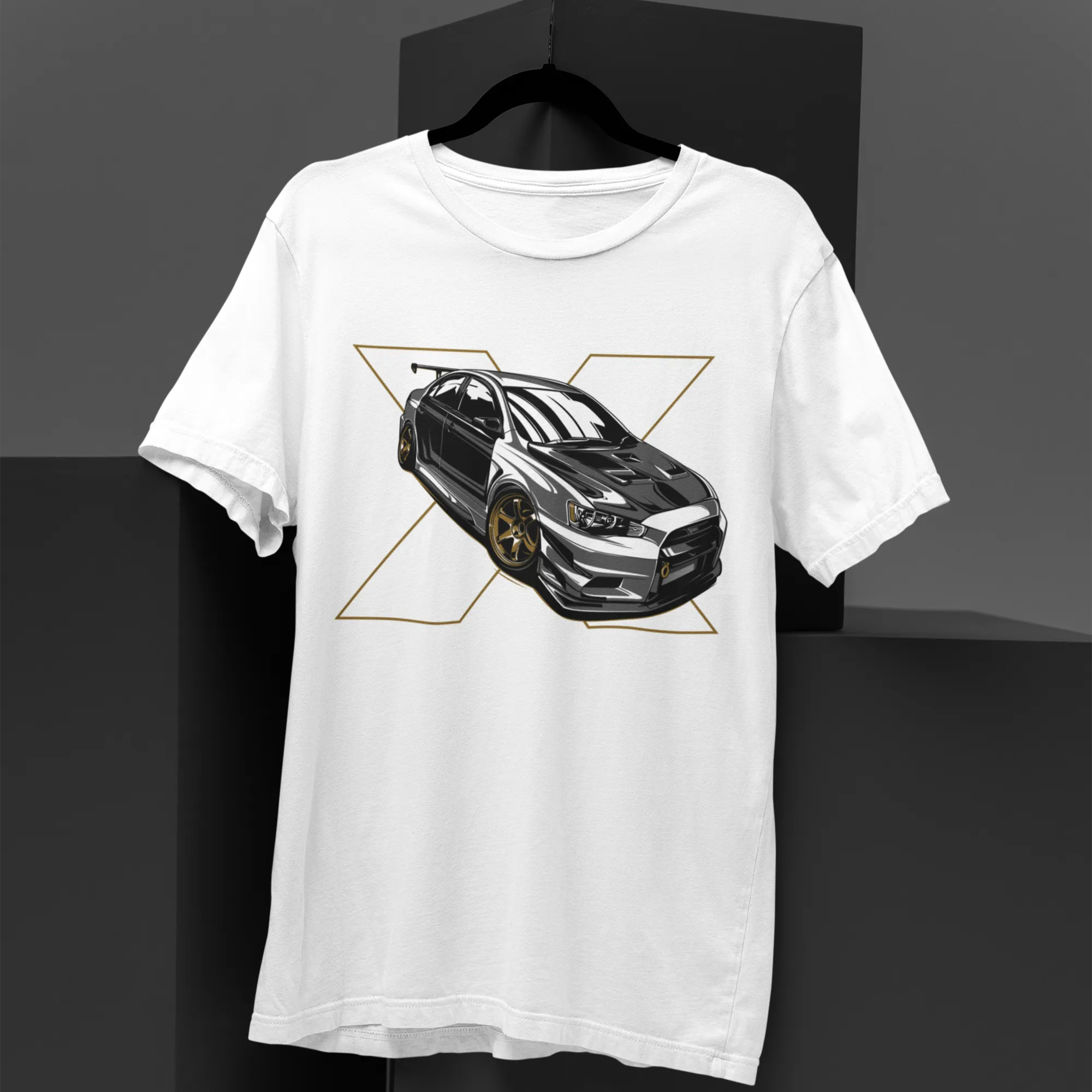 White t-shirt with a car graphic on a black background