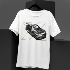 White t-shirt with a car graphic on a black background