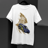 White t-shirt with a graphic design of a car and text on a black background