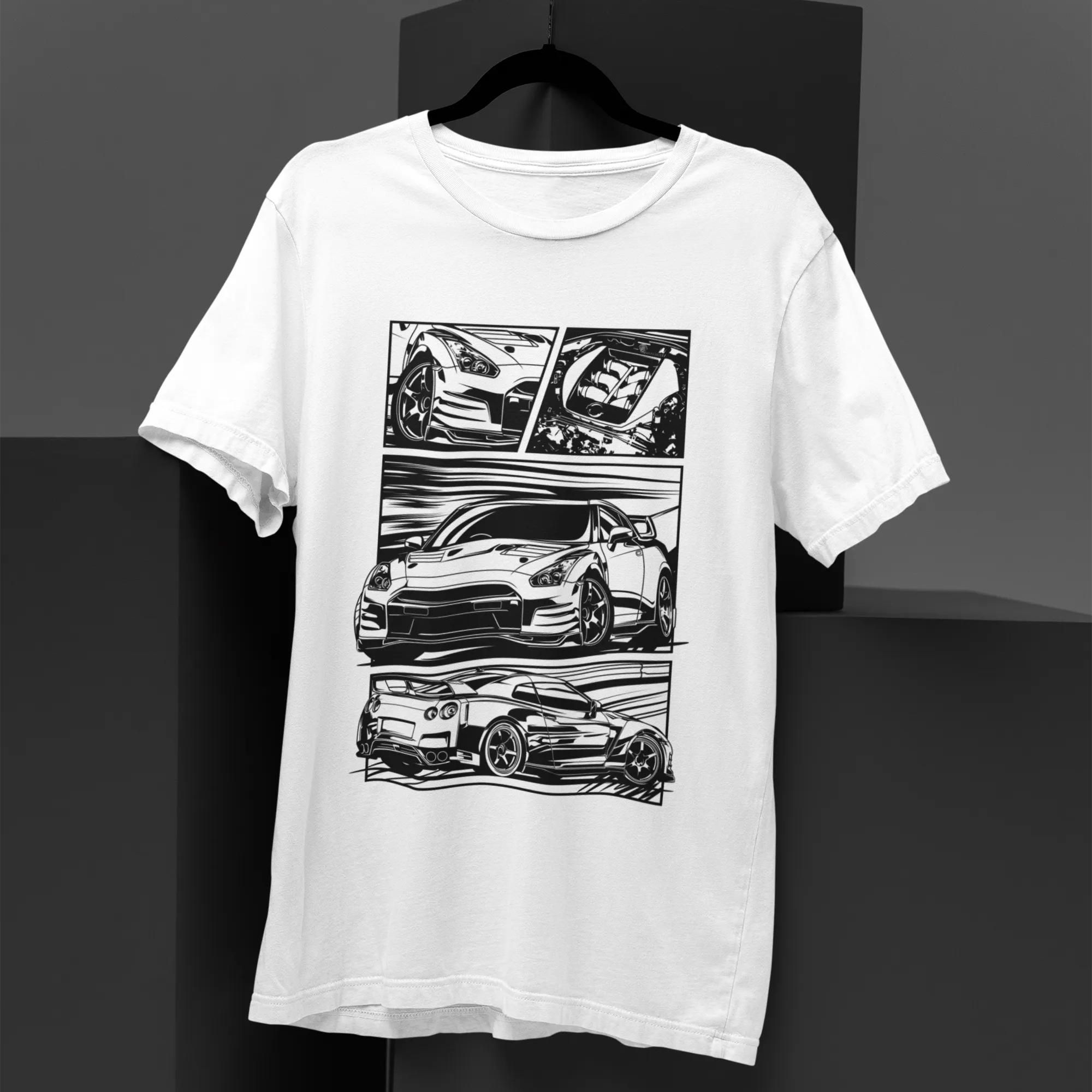 White t-shirt with black car graphic design on a black background