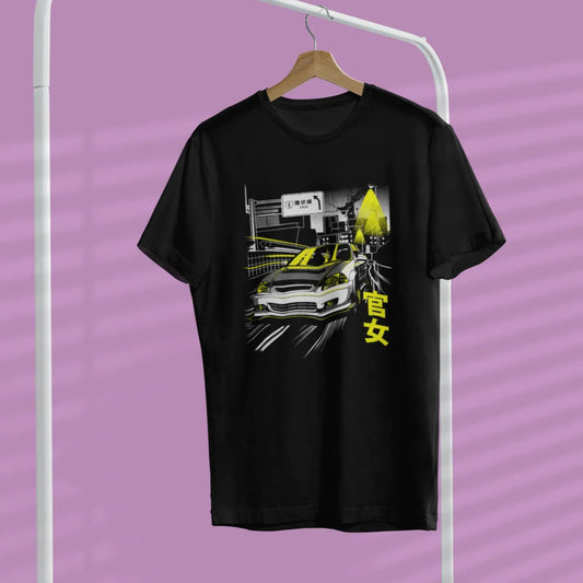 Black t-shirt with graphic design on a hanger against a purple background