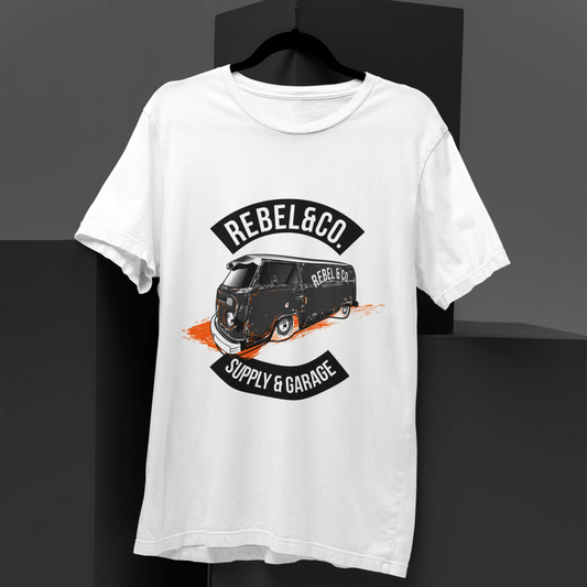 White t-shirt with graphic design on a black background