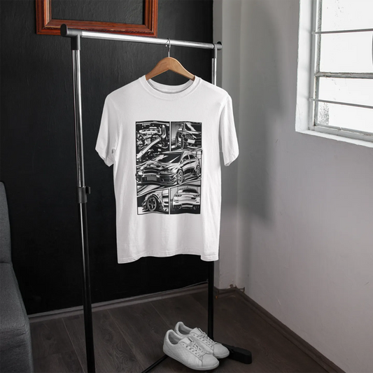 White t-shirt with black graphic design on a hanger against a gray wall.
