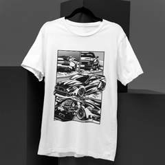 White t-shirt with black car graphic design on a dark background