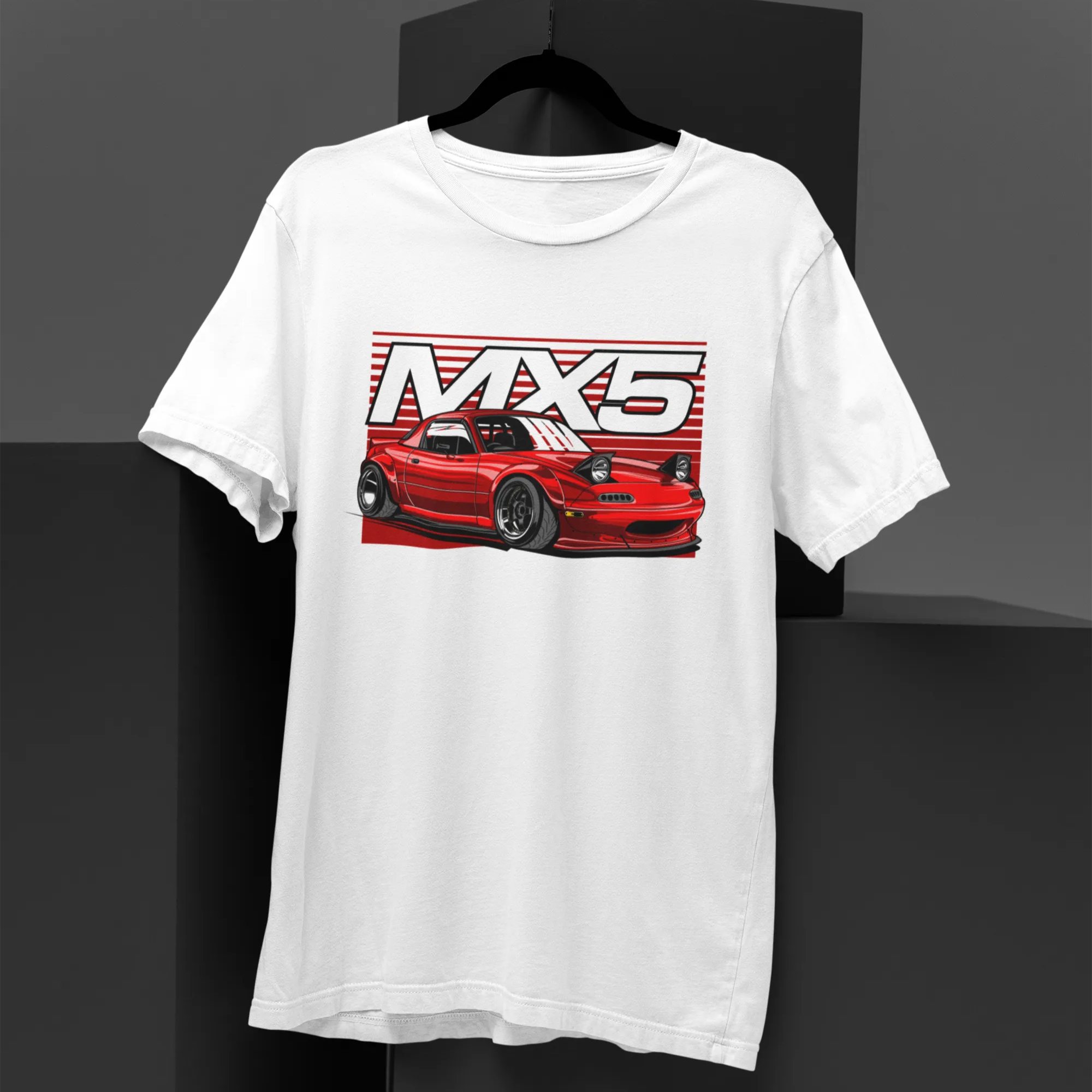 White t-shirt with red car graphic and 'MX5' text on a black background