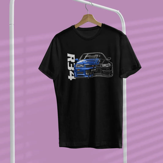 Black t-shirt with car graphic and 'R32' text on a purple background