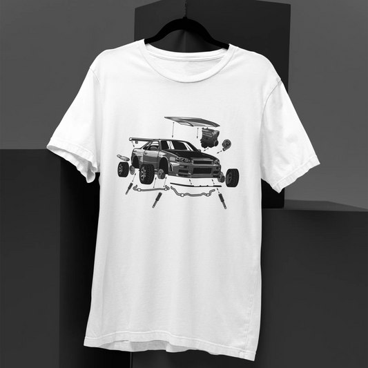 White t-shirt with a graphic design of a truck on a black background